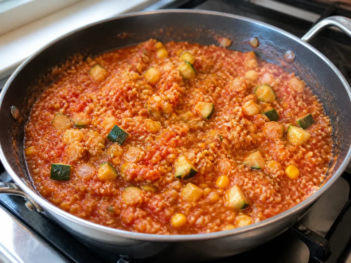 Preparação de Pimentos Vermelhos Recheados Com Quinoa e Legumes durante a confeção
