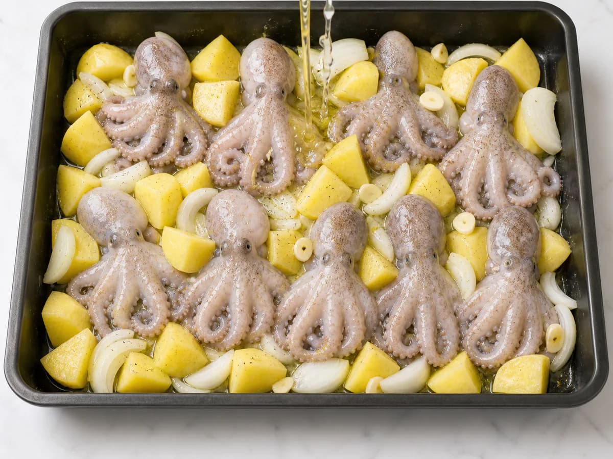 Preparação de Polvinhos Assados no Forno com Batata durante a confeção