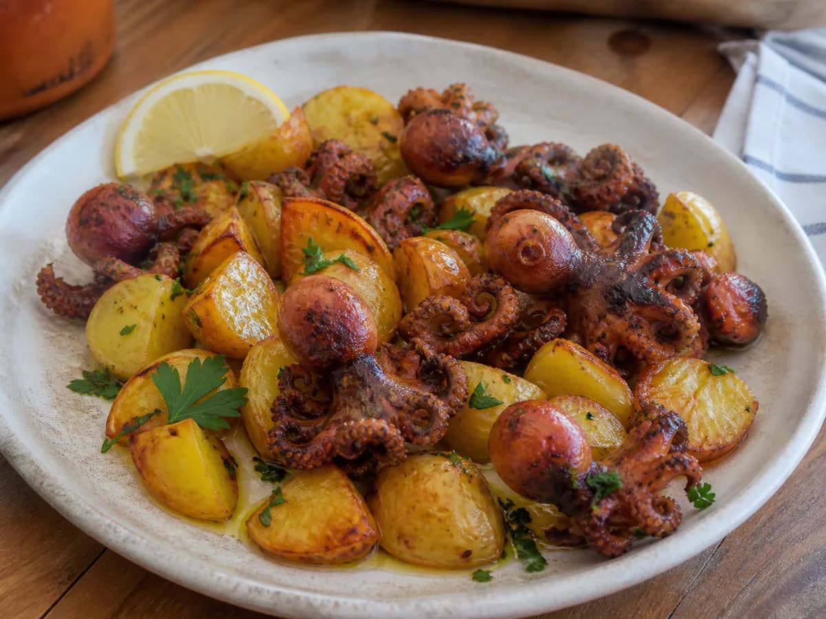 Pormenor de uma porção de Polvinhos Assados no Forno com Batatas