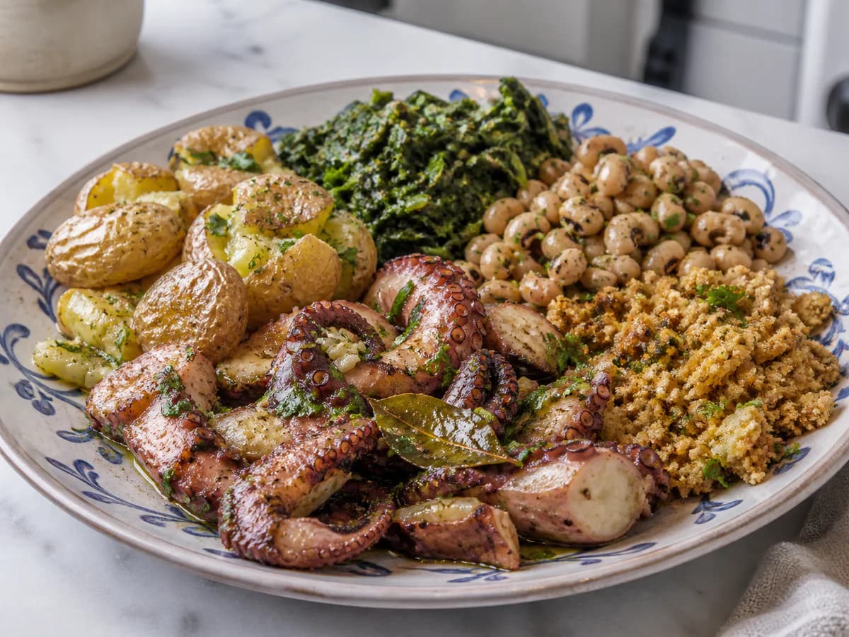 Polvo à Lagareiro com Migas de Broa de Milho, Grelos e Feijão Frade e Batatas a Murro