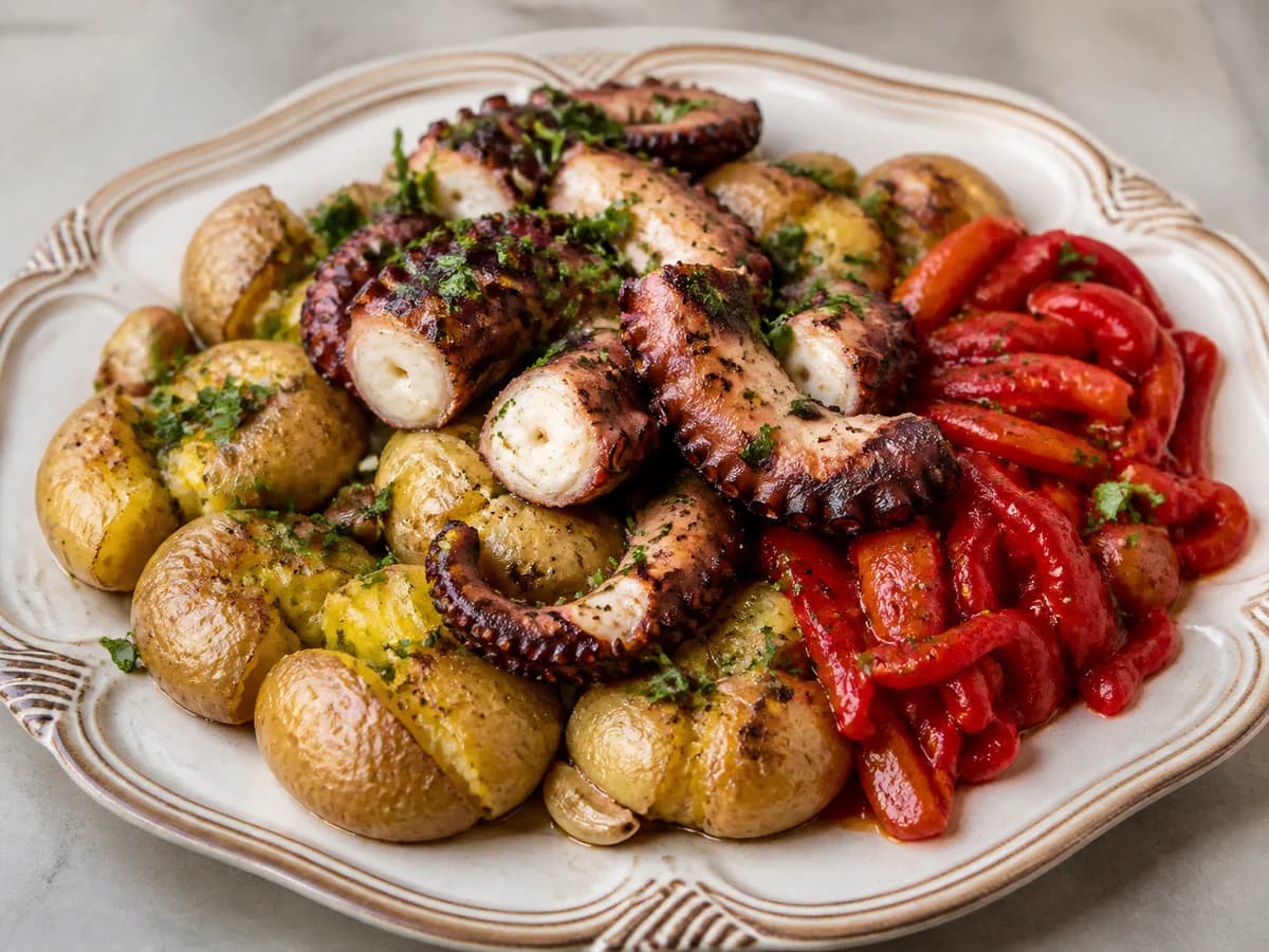 Polvo com Batatas a Murro e Salada de Pimentos Vermelhos