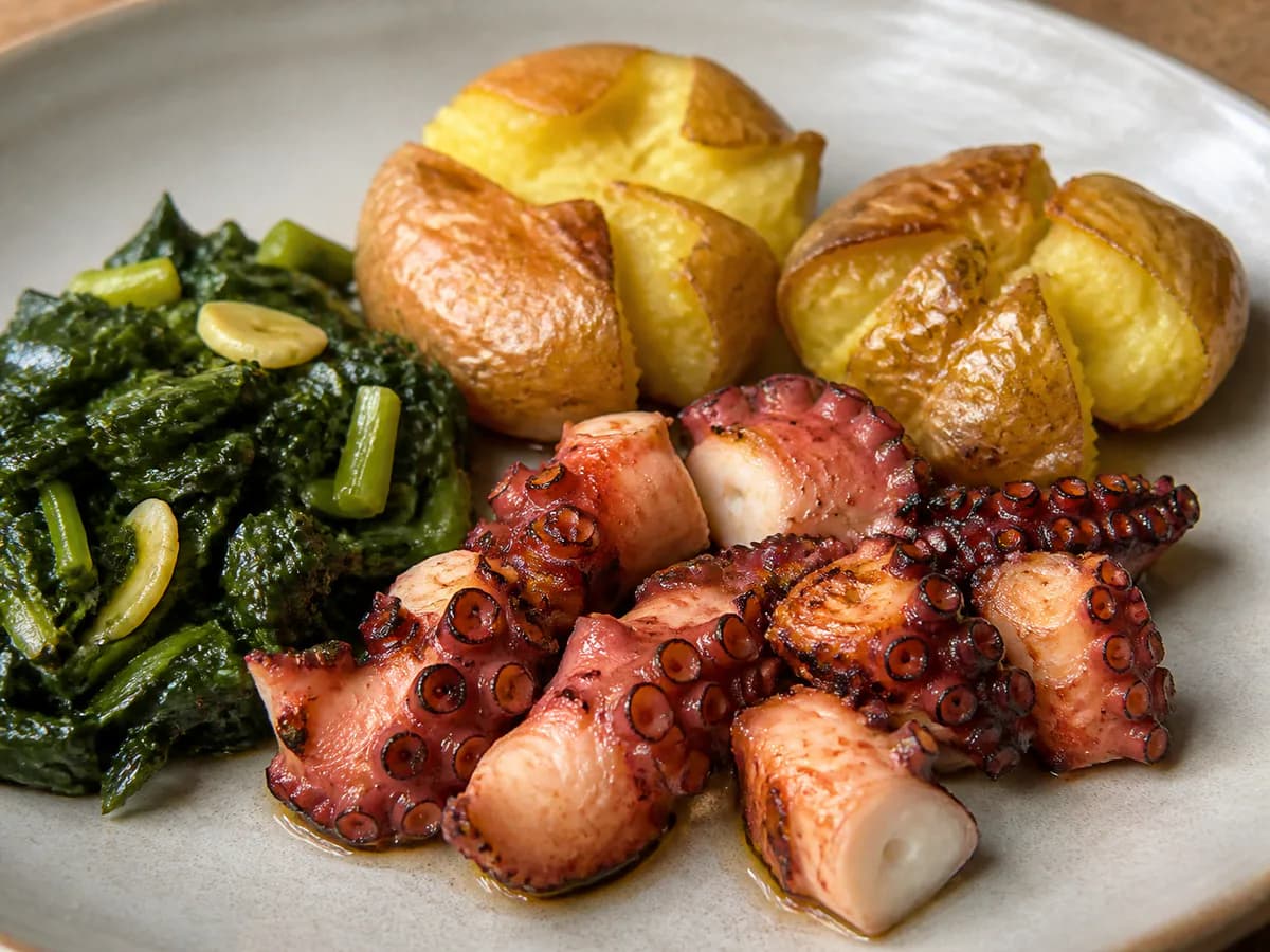 Pormenor de uma porção de Polvo da Consoada com Grelos de Nabo e Batatas a Murro (Bimby)