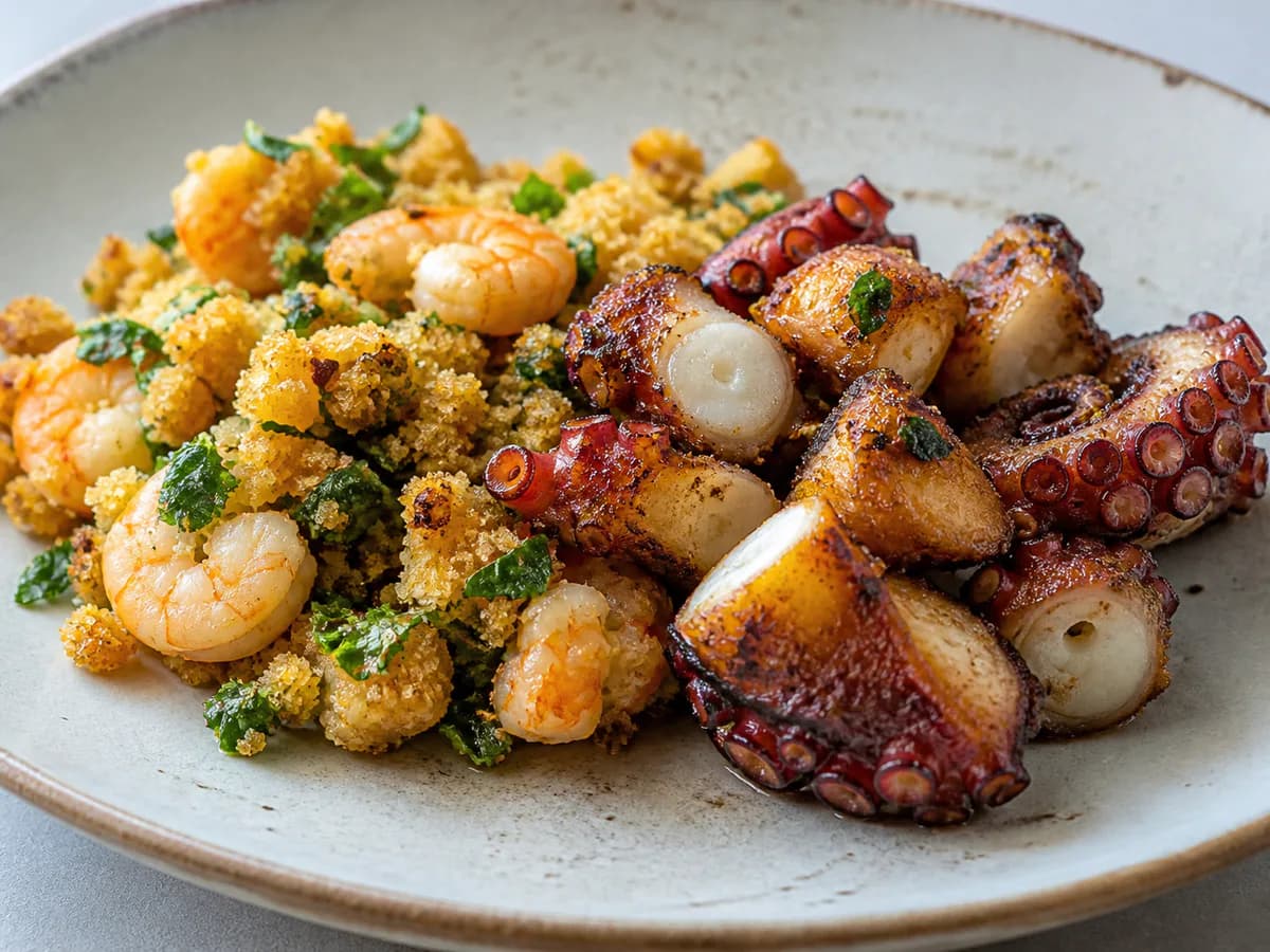 Pormenor de uma porção de Polvo Frito com Migas de Camarão e Coentros