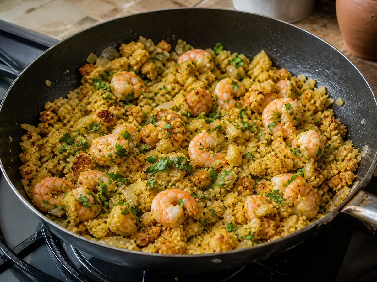 Preparação de Polvo Frito com Migas de Camarão e Coentros durante a confeção