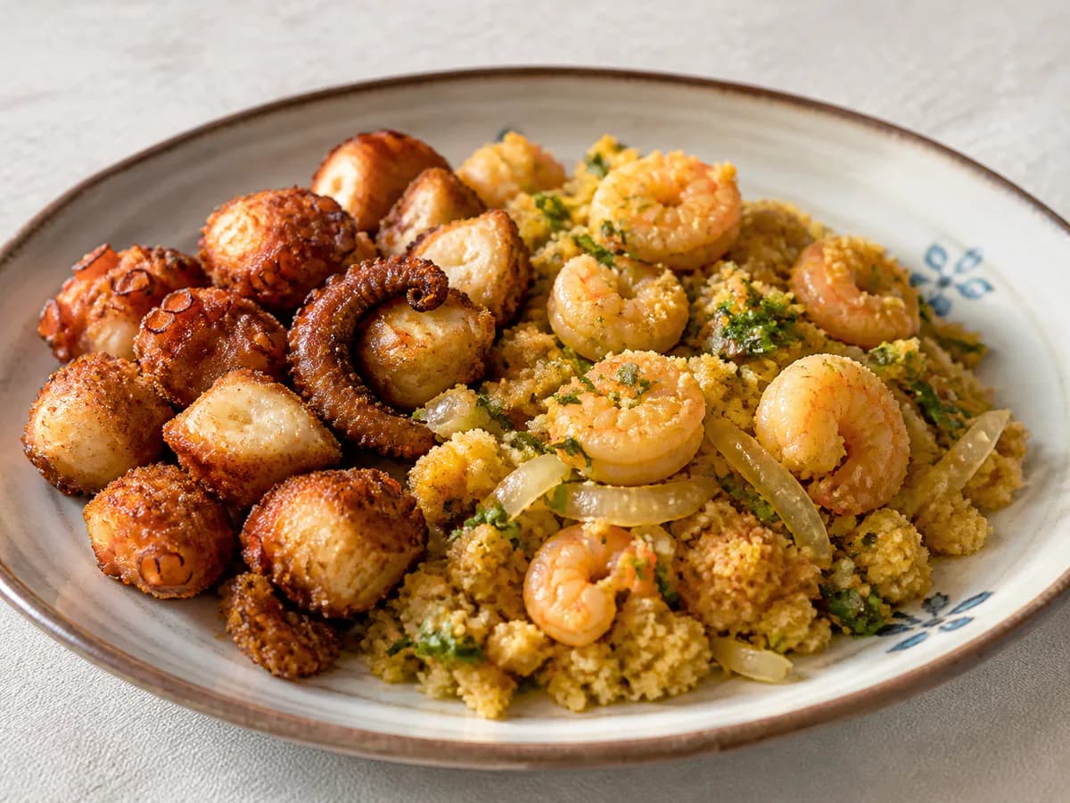 Polvo Frito com Migas de Camarão e Coentros