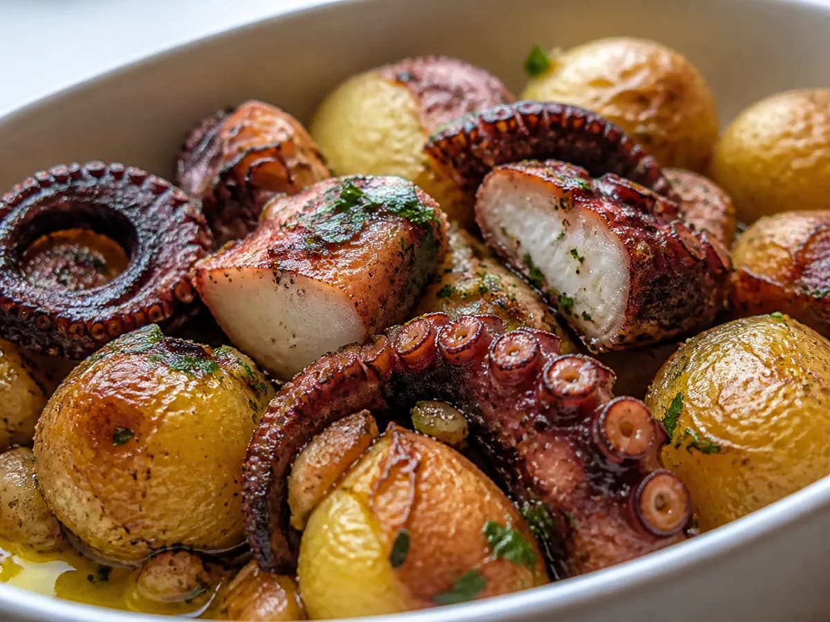 Pormenor de uma porção de Polvo no Forno com Batatas a Murro