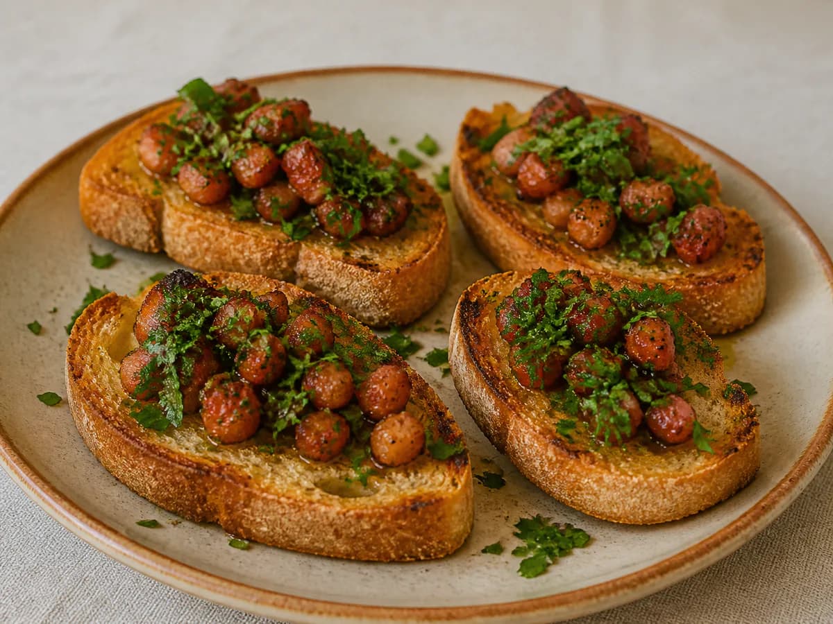 Pormenor de uma porção de Pão Alentejano com Toucinho e Coentros