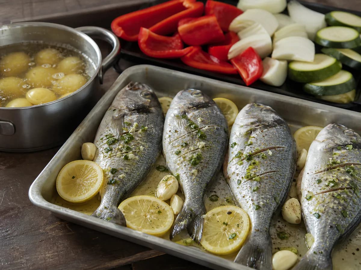 Preparação de Peixe Fresco Grelhado à Moda de Portimão durante a confeção