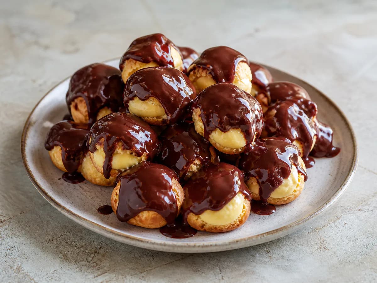 Profiteroles com Creme de Pasteleiro e Chocolate