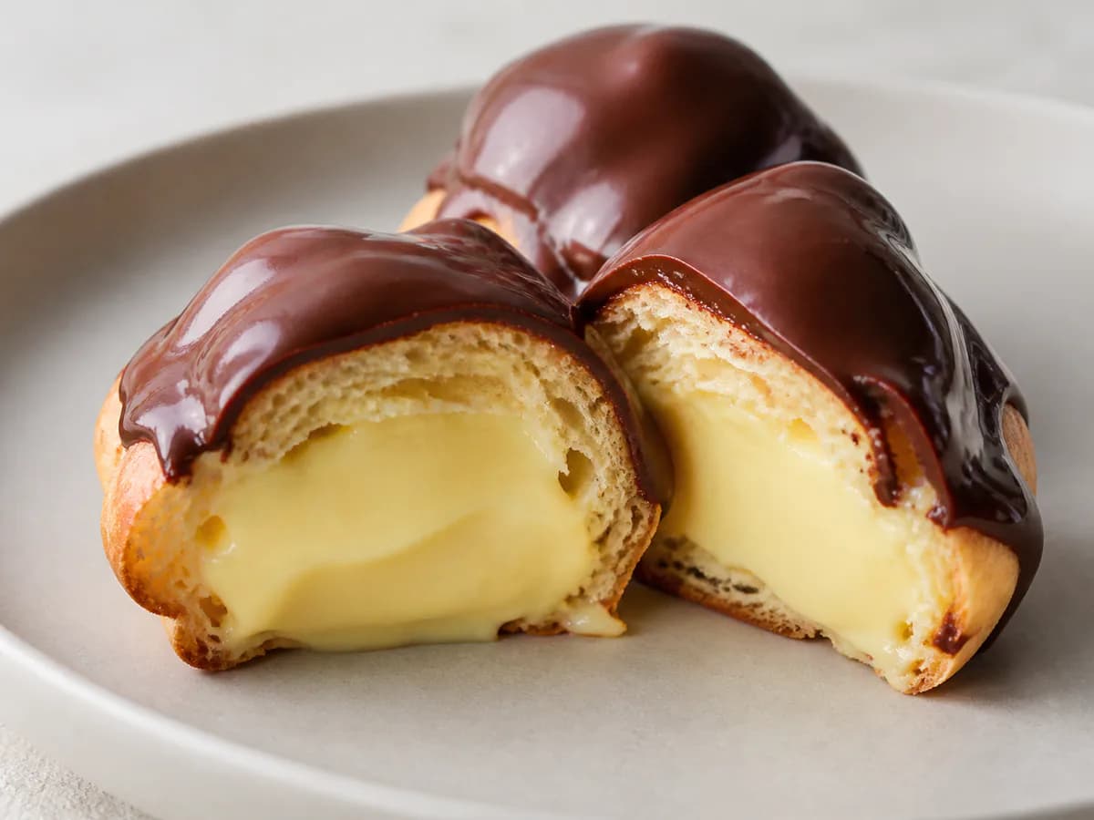 Pormenor de uma porção de Profiteroles com Creme de Pasteleiro e Chocolate