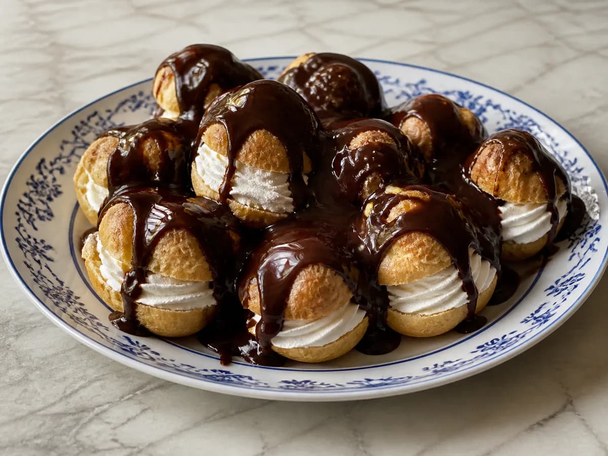 Profiteroles com Recheio de Chantilly e Molho de Chocolate