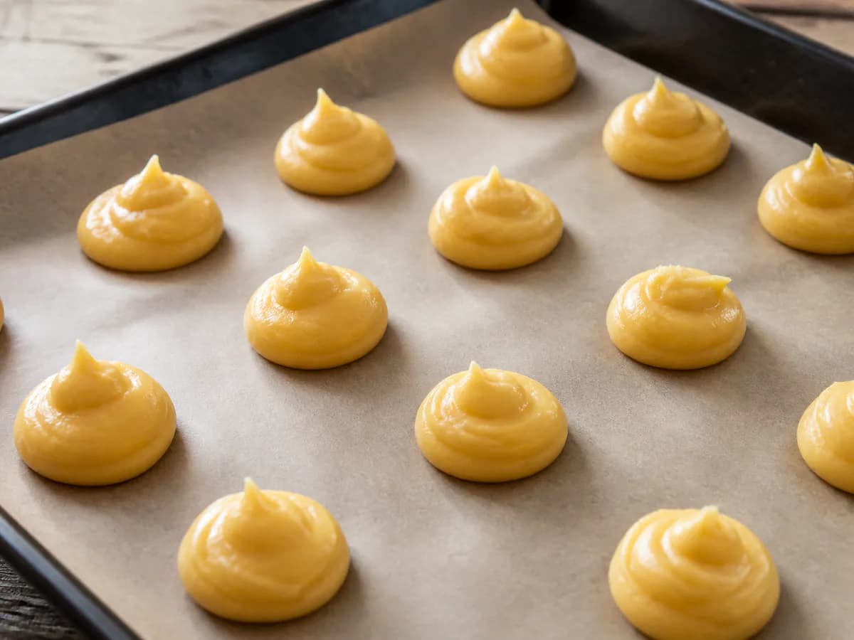 Preparação de Profiteroles com Recheio de Chantilly e Molho de Chocolate durante a confeção