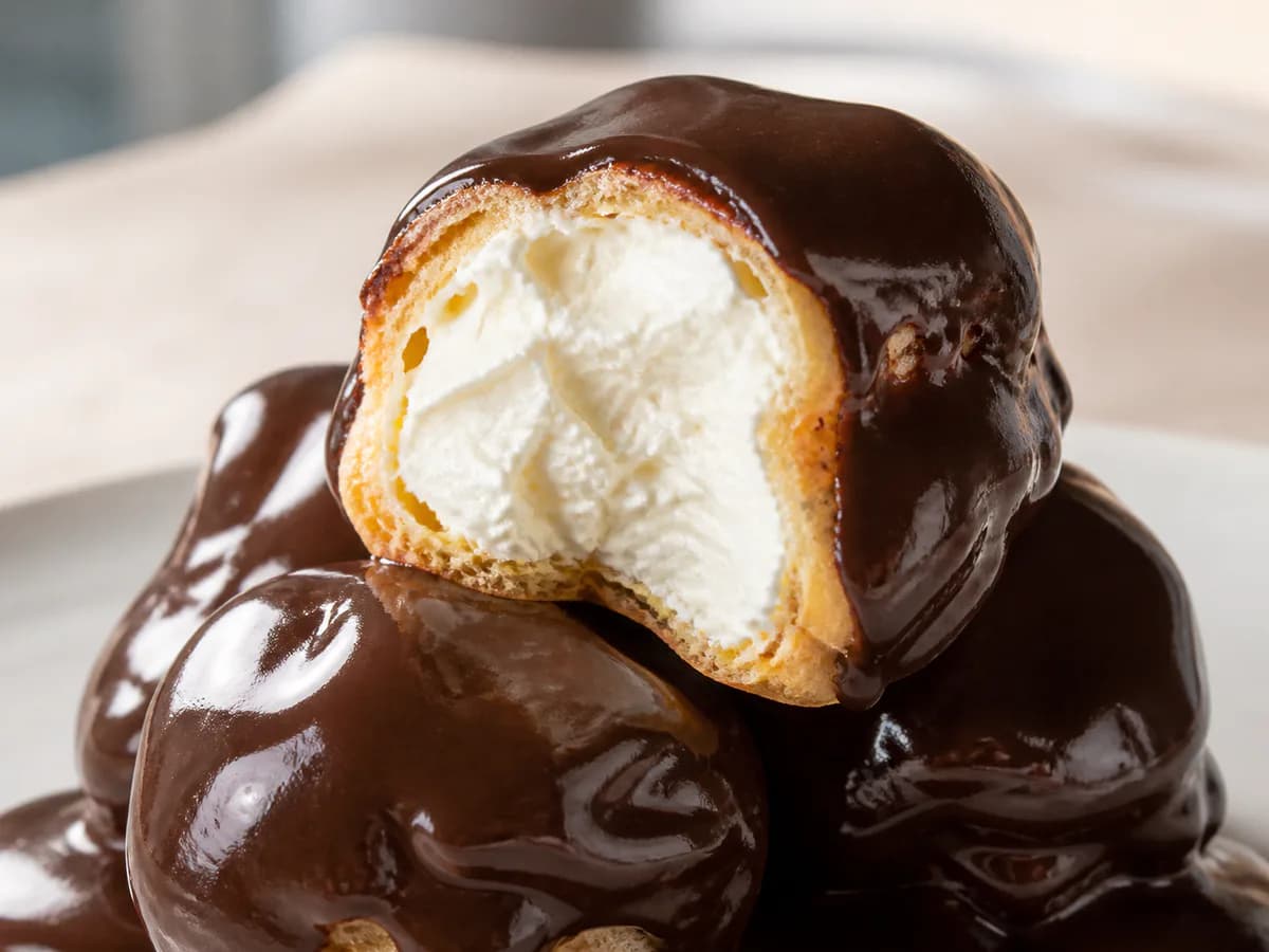 Pormenor de uma porção de Profiteroles com Recheio de Chantilly e Molho de Chocolate