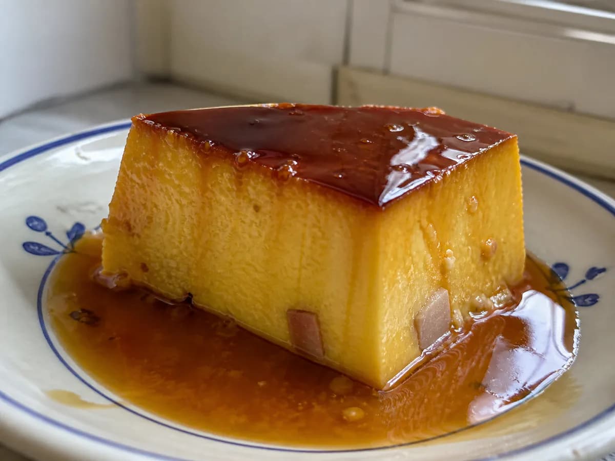 Pormenor de uma porção de Pudim Abade de Priscos (Receita Clara de Sousa)