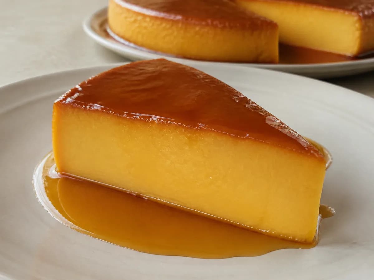 Pormenor de uma porção de Pudim de Gemas com Caramelo e Limão