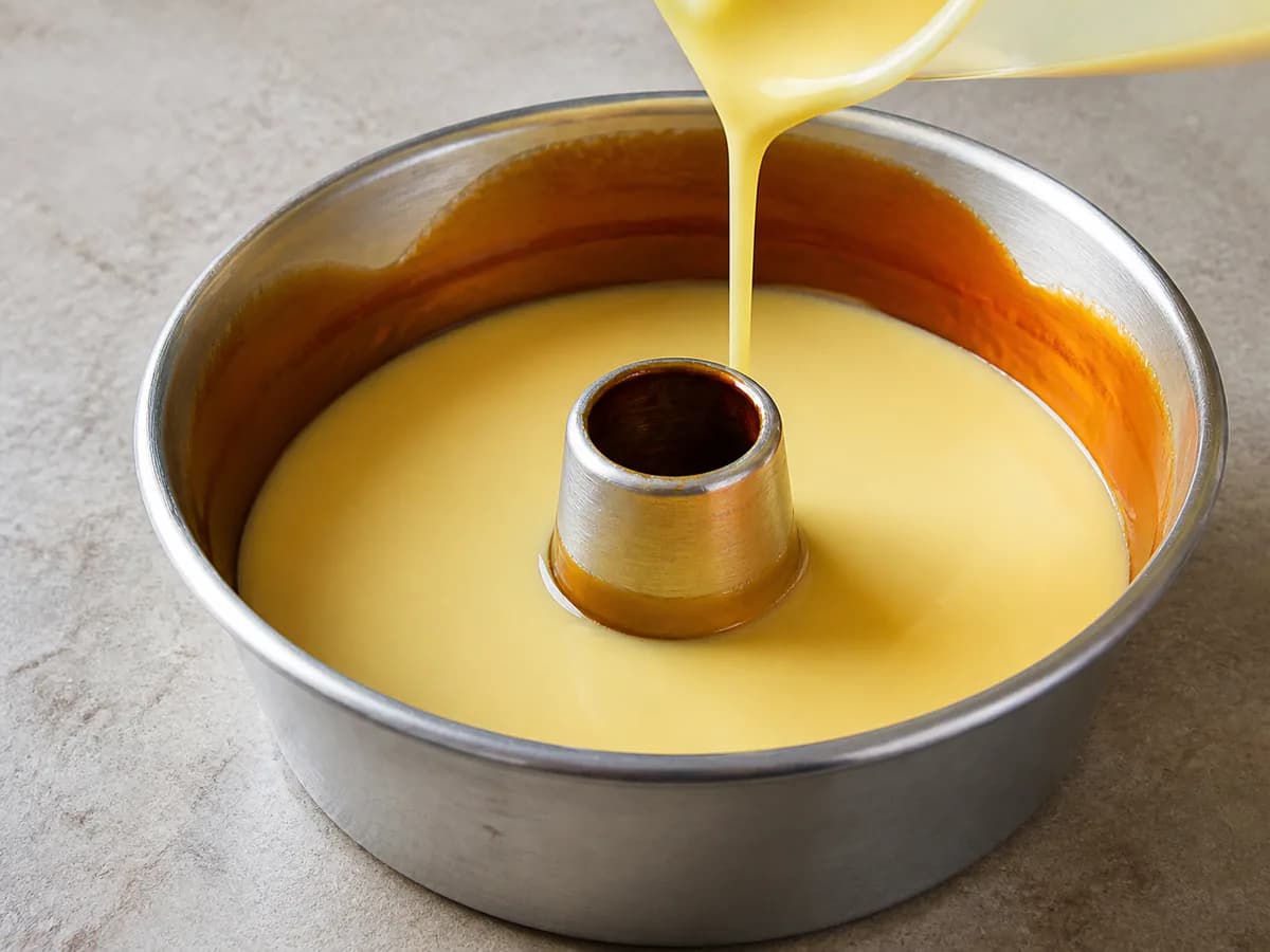 Preparação de Pudim de Gemas com Caramelo e Limão durante a confeção