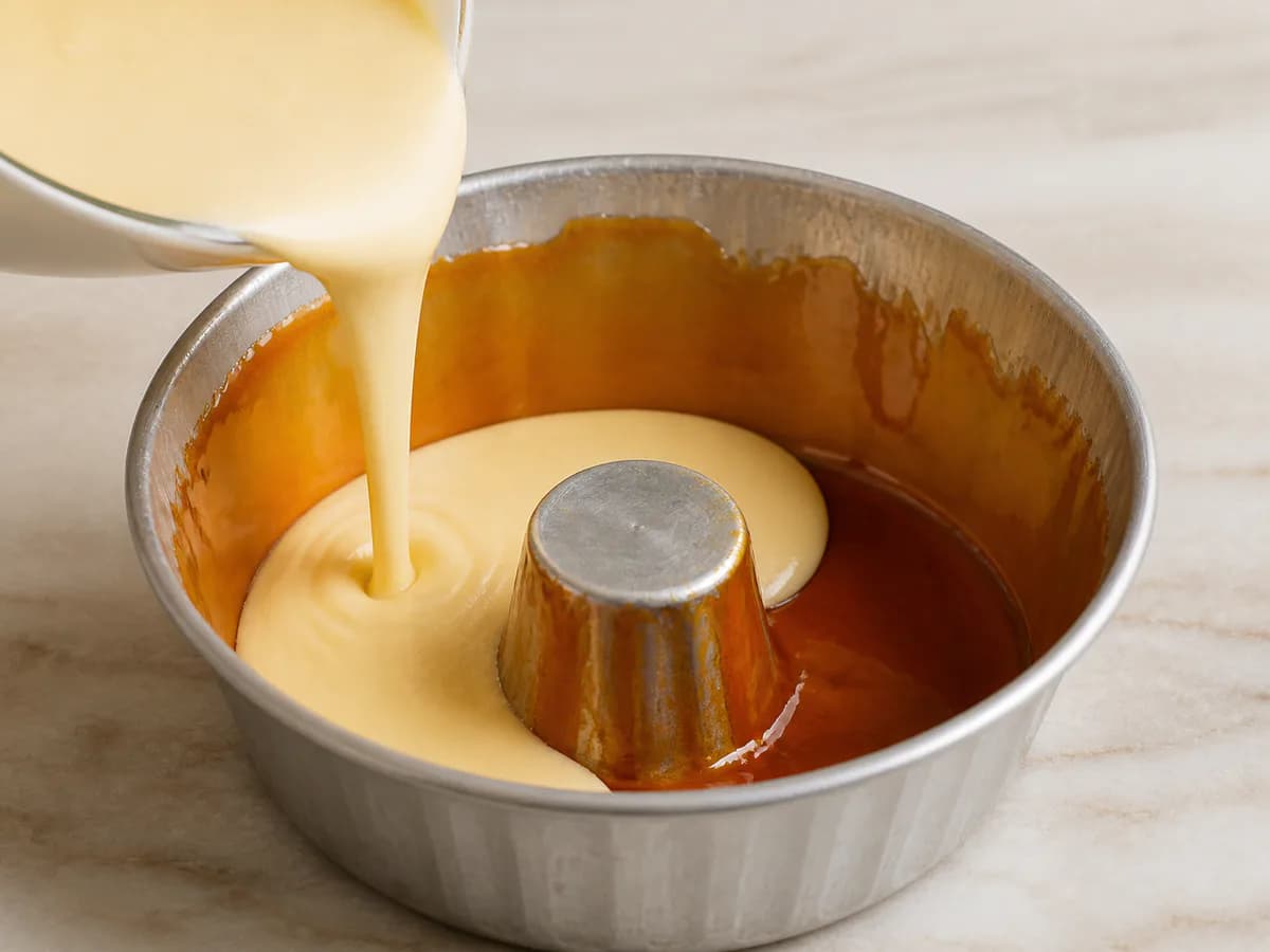 Preparação de Pudim de Chocolate Branco e Lima durante a confeção