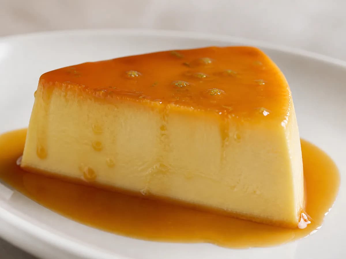 Pormenor de uma porção de Pudim de Chocolate Branco e Lima