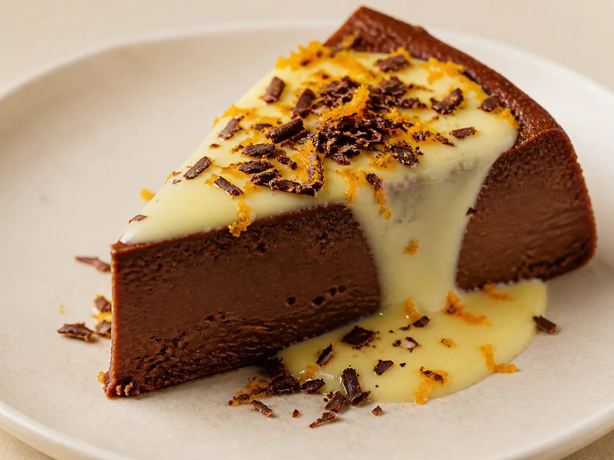 Pormenor de uma porção de Pudim de Chocolate com Leite Creme e Raspas de Chocolate e Laranja