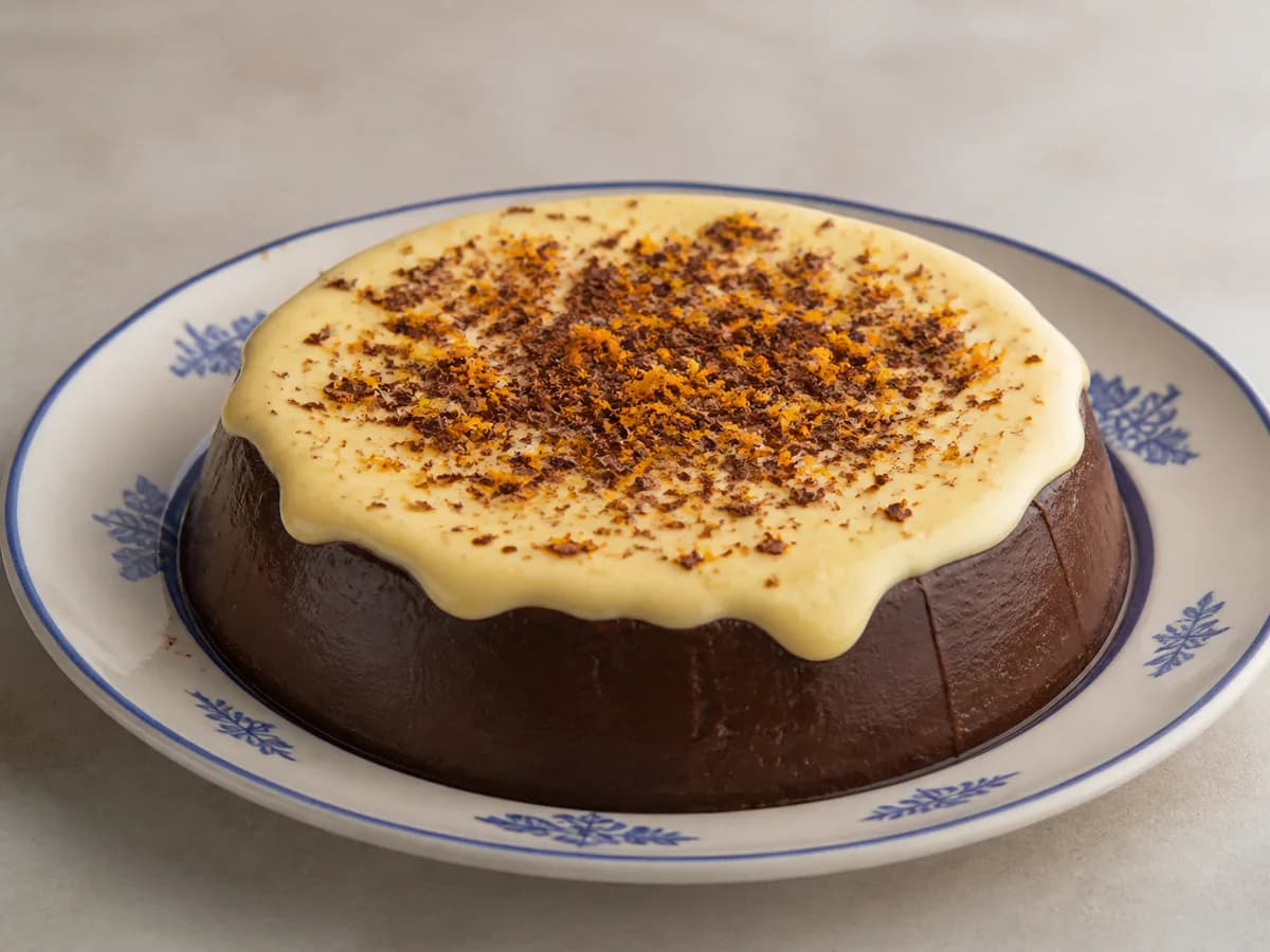 Pudim de Chocolate com Leite Creme e Raspas de Chocolate e Laranja