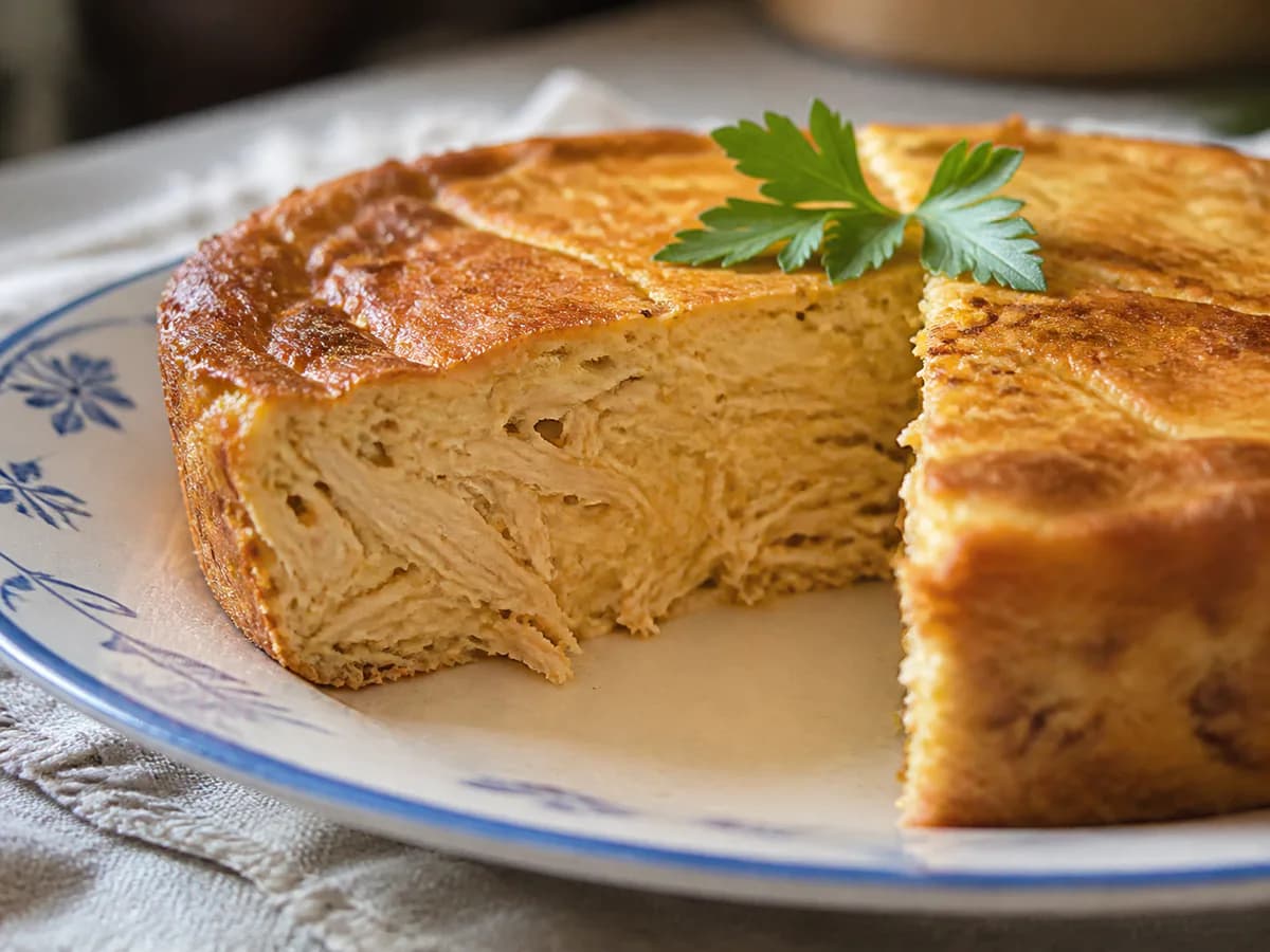 Pormenor de uma porção de Pudim de Frango Açoriano