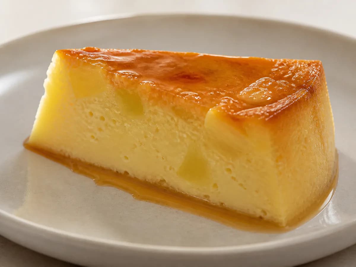 Pormenor de uma porção de Pudim de Iogurte e Ananás