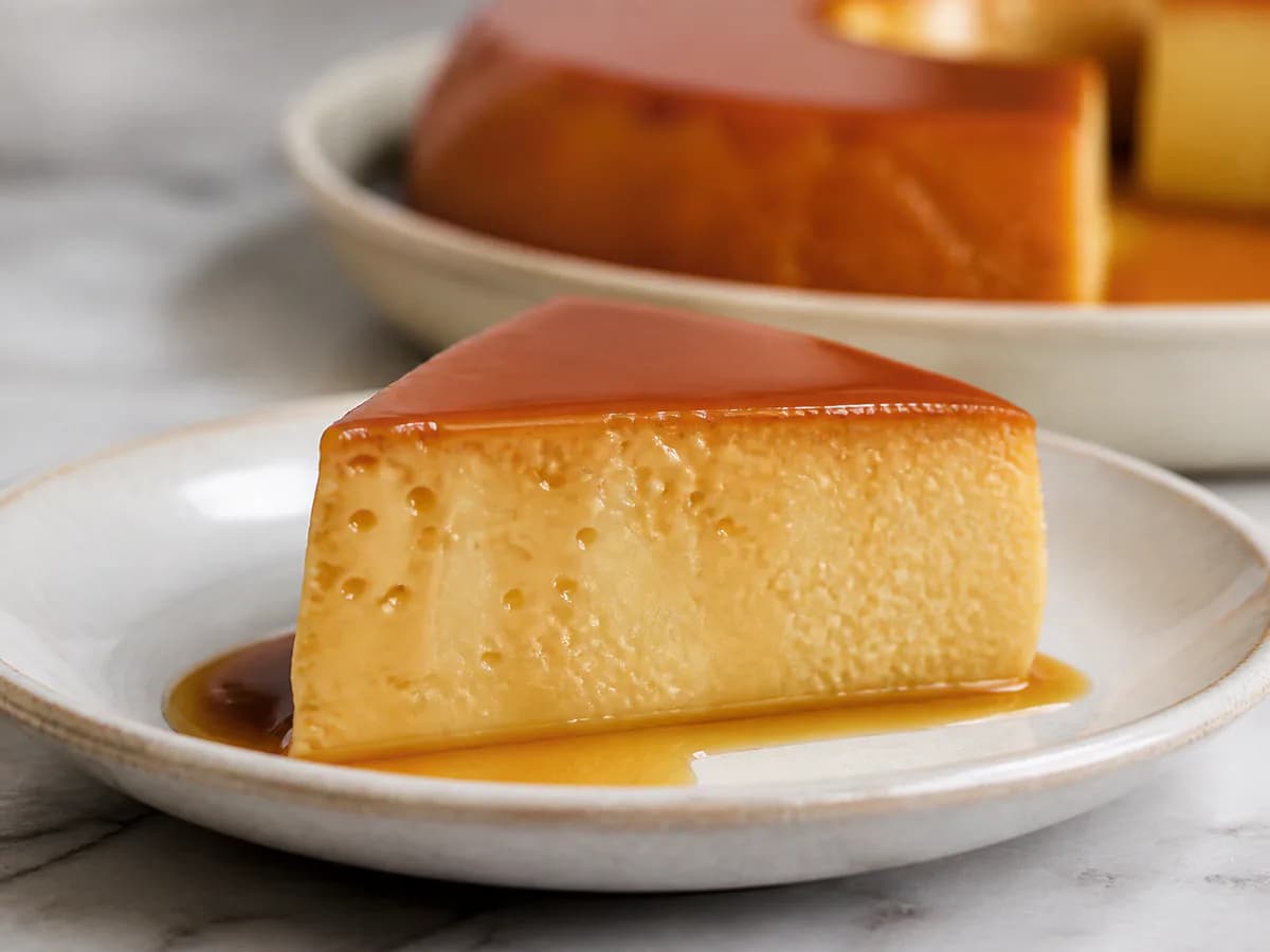 Pormenor de uma porção de Pudim de Laranja e Vinho do Porto