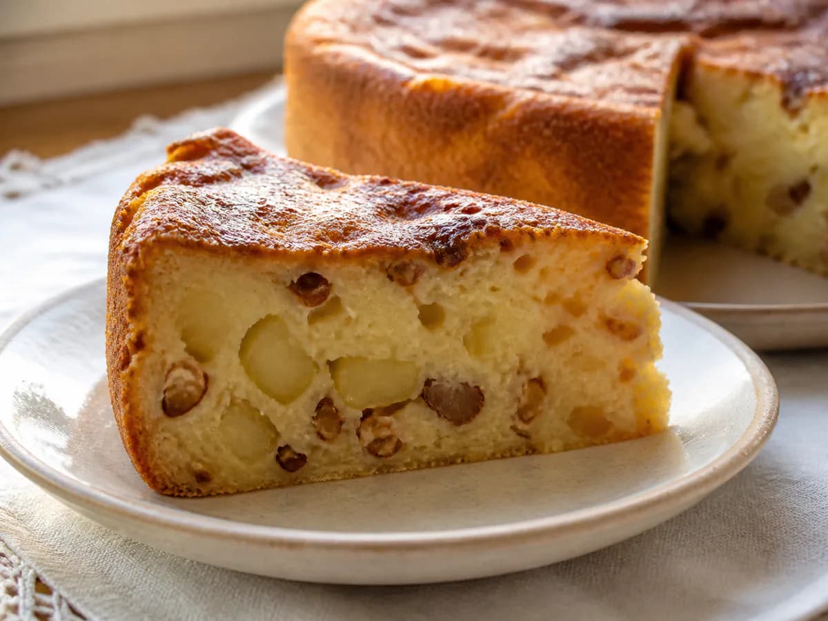 Pormenor de uma porção de Pudim de Maçã com Amêndoa