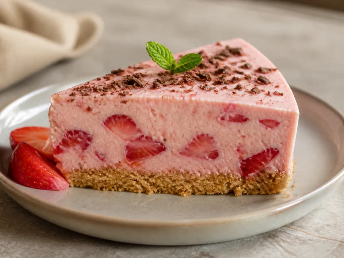 Pormenor de uma porção de Pudim de Morango com Bolacha Maria e Chocolate