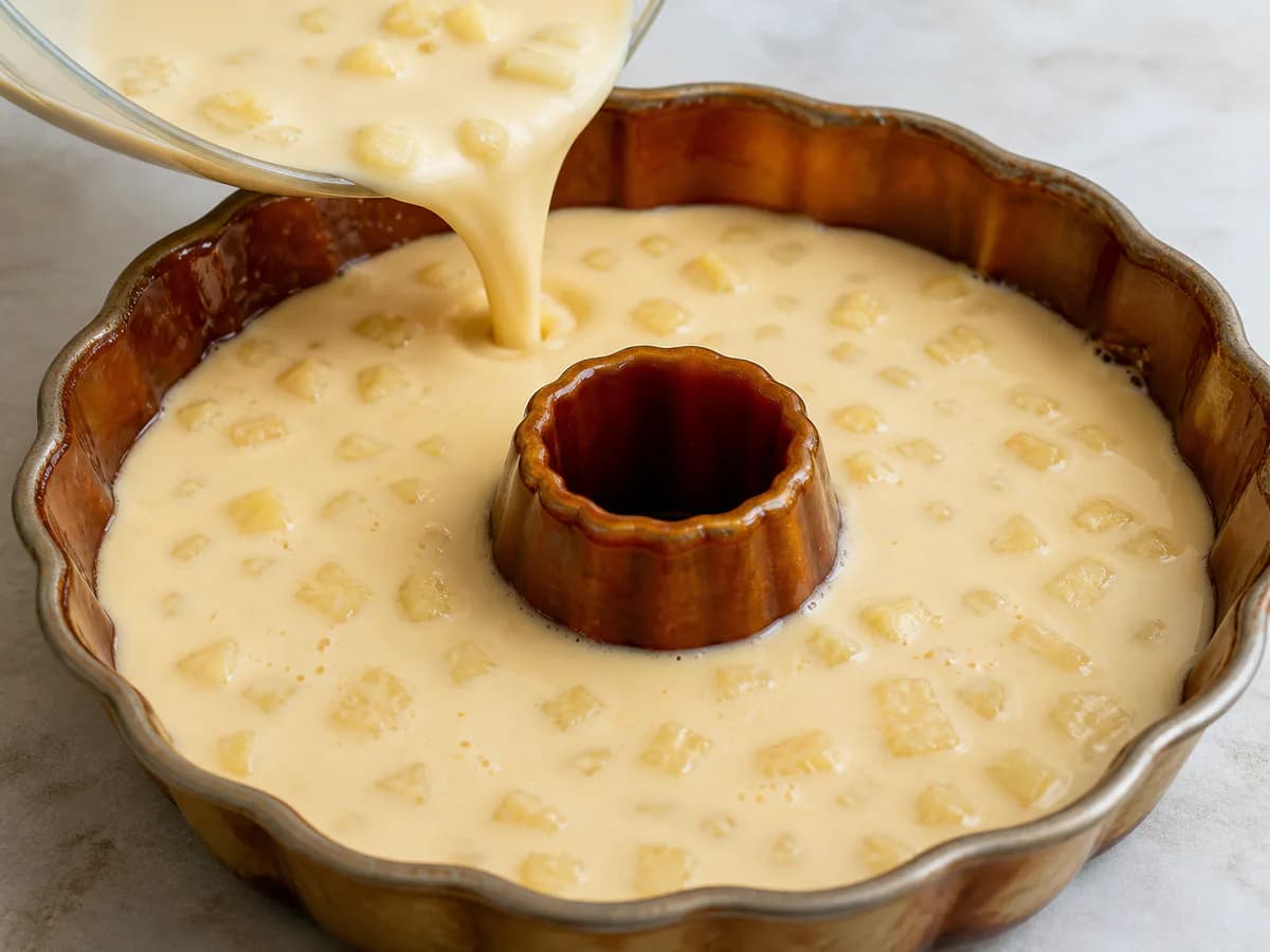 Preparação de Pudim de Natas e Ananás Delicioso durante a confeção