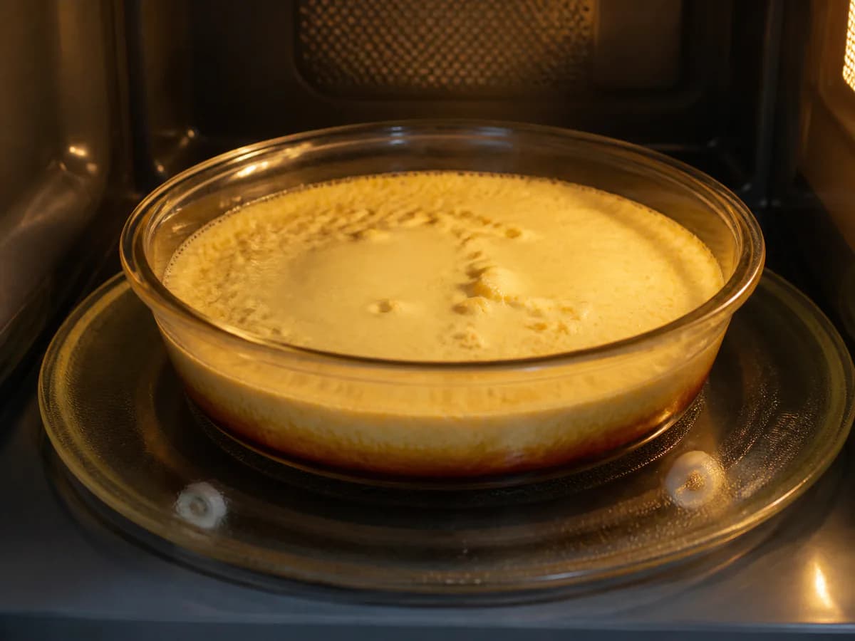 Preparação de Pudim de Ovos e Natas no Micro-ondas durante a confeção