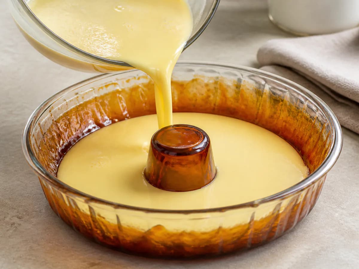 Preparação de Pudim de Ovos no Micro-ondas com Caramelo durante a confeção