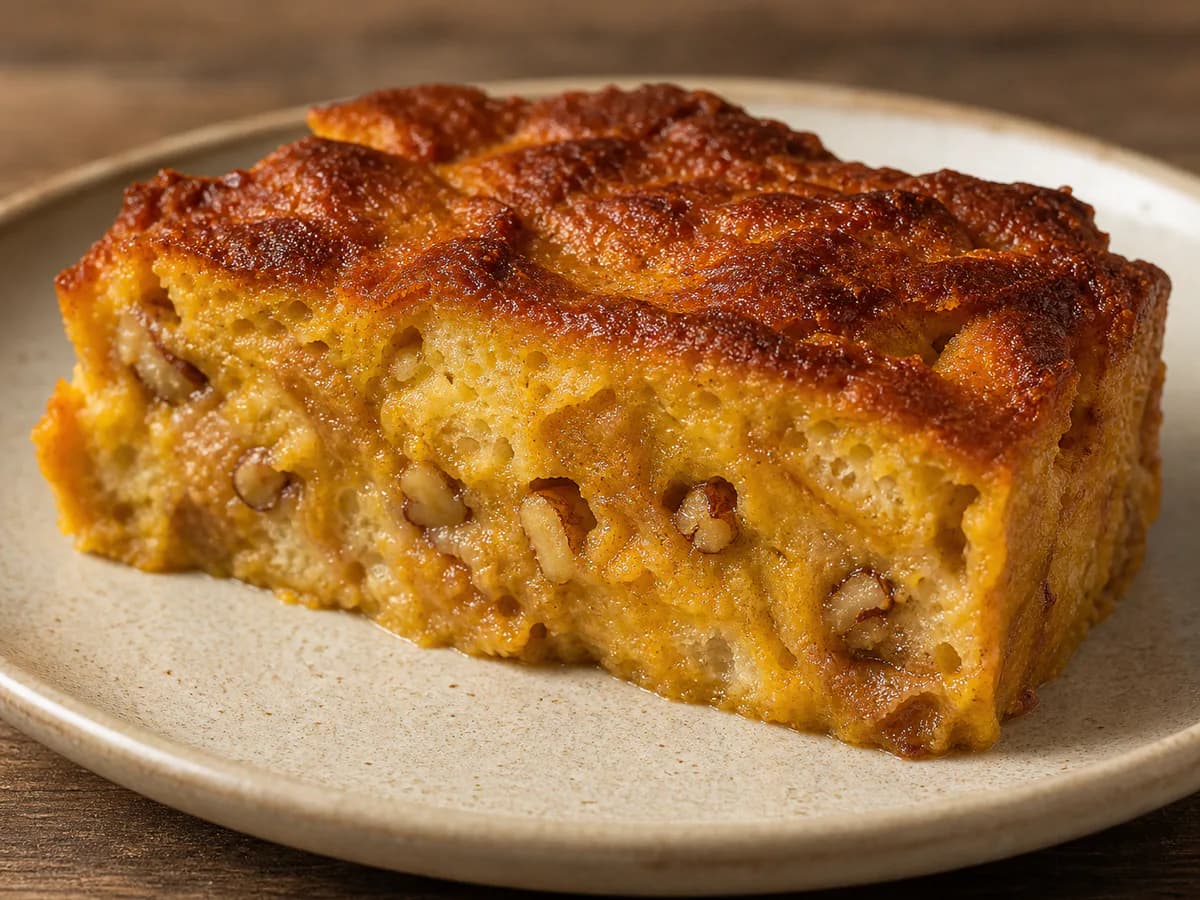 Pormenor de uma porção de Pudim de Pão com Abóbora e Nozes
