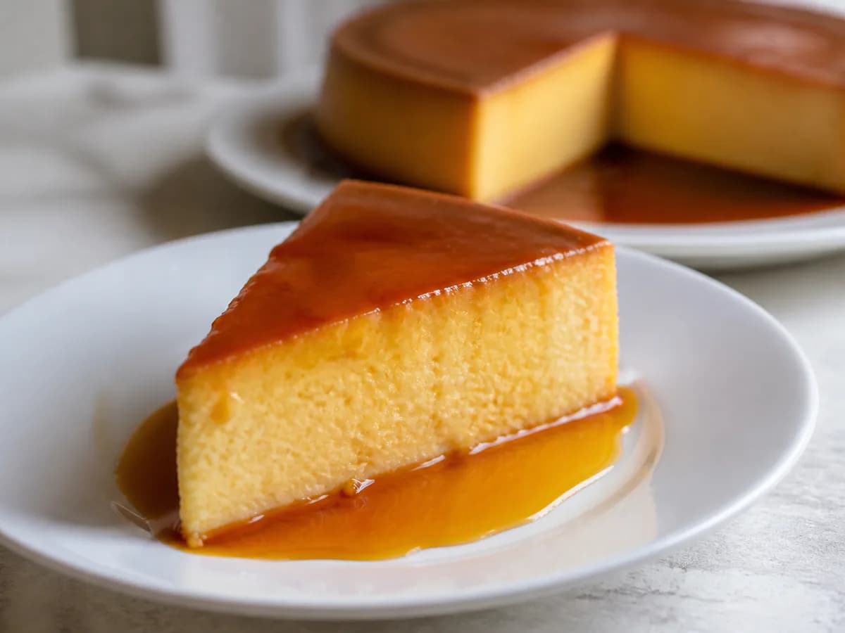 Pormenor de uma porção de Pudim Flan de Ovos