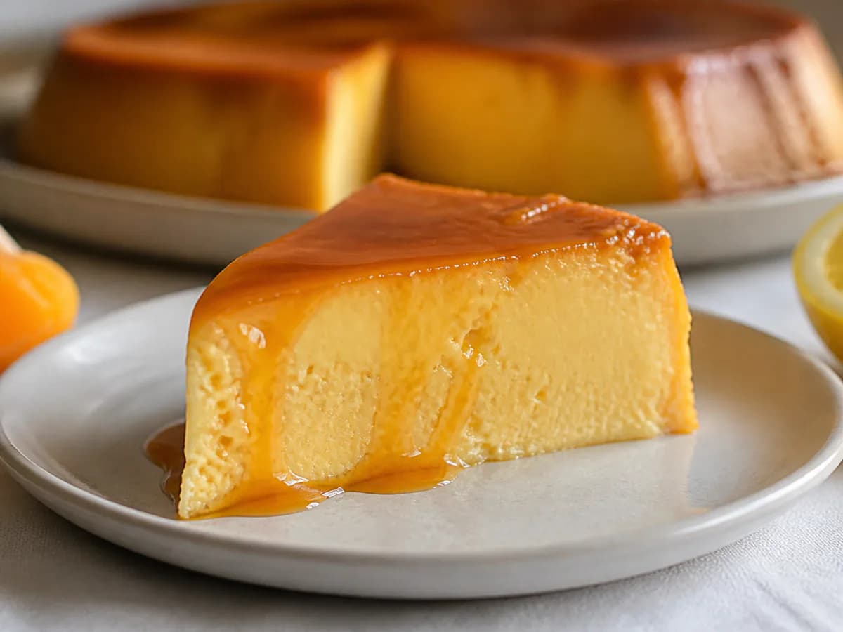 Pormenor de uma porção de Pudim Flan Mandarim com Ovos e Limão