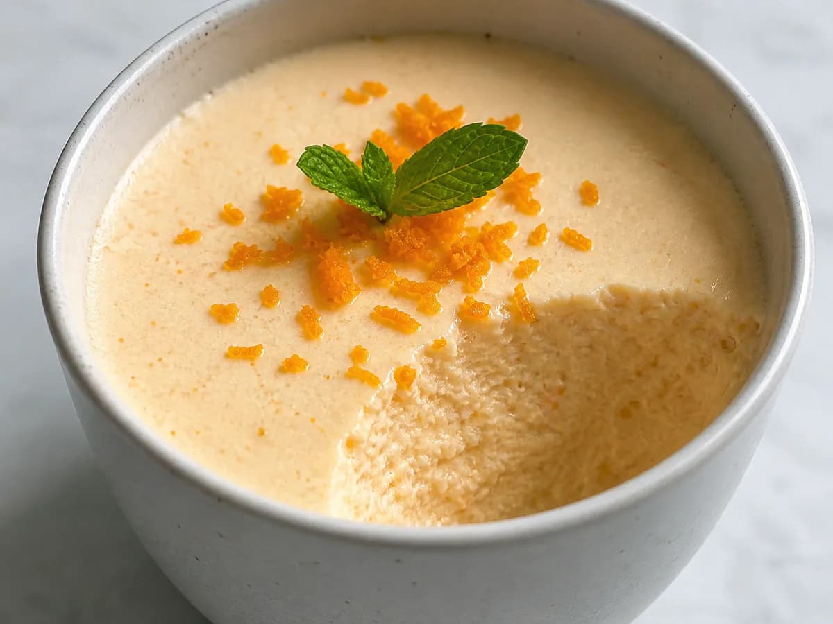 Pormenor de uma porção de Pudim Mandarim na Chávena com Natas e Café (Sem Forno/Micro-ondas)