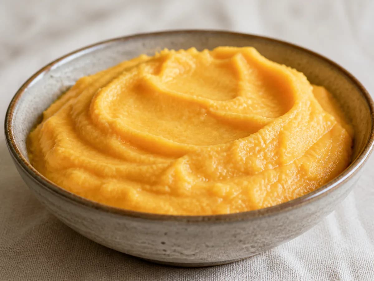 Pormenor de uma porção de Puré de Batata e Cenoura Cremoso