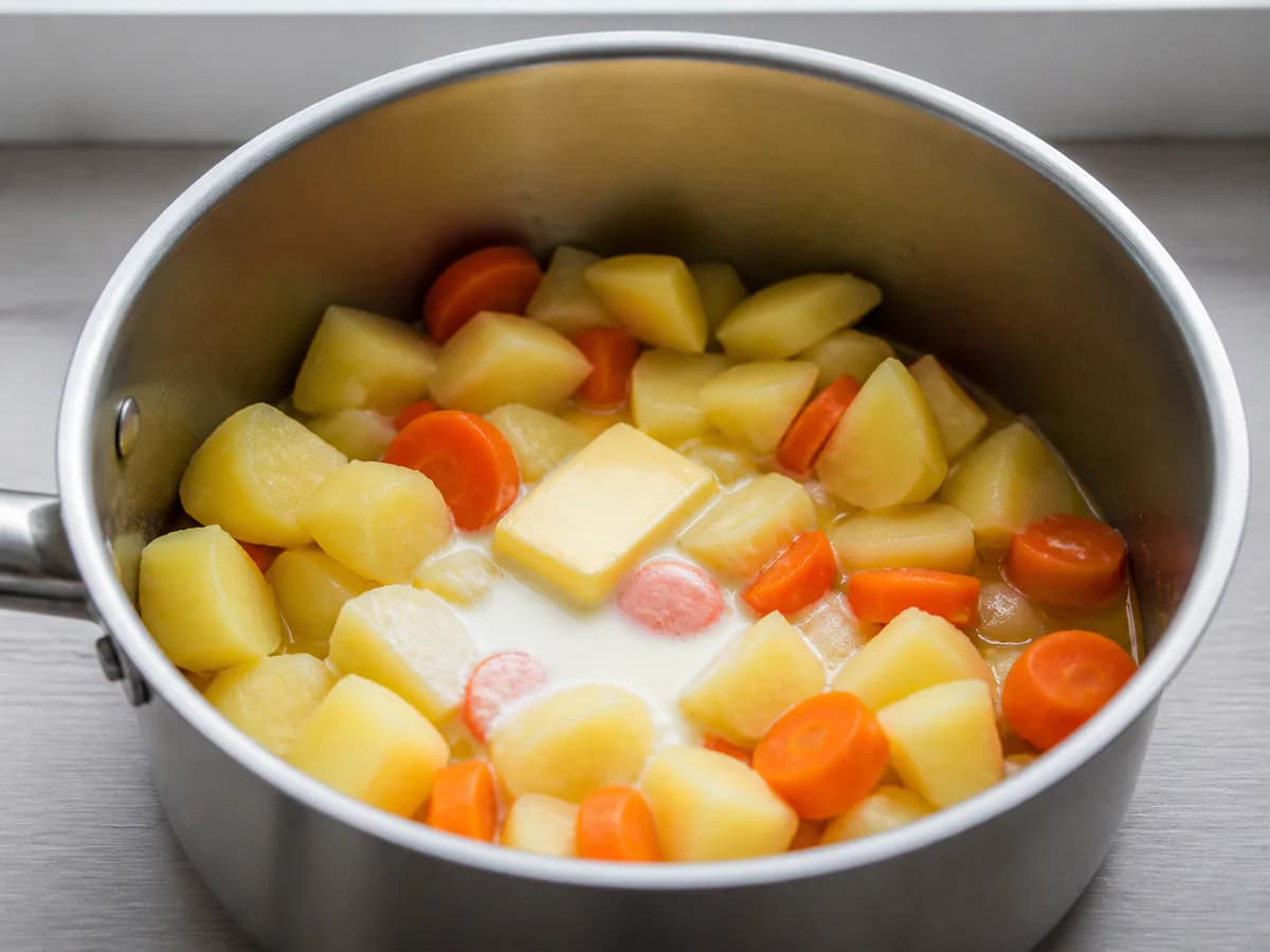 Preparação de Puré de Batata e Cenoura Cremoso durante a confeção