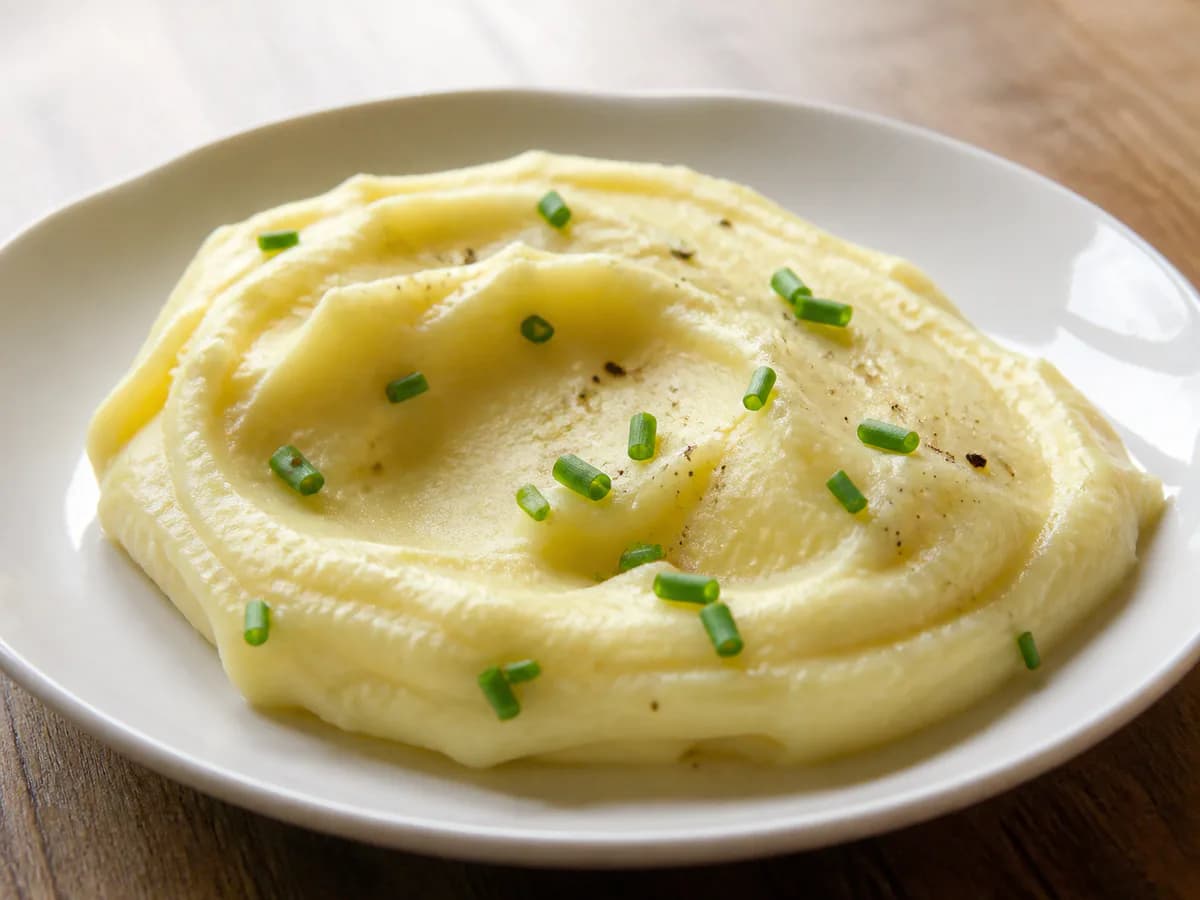 Pormenor de uma porção de Puré de Batata Cremoso com Cebolinho
