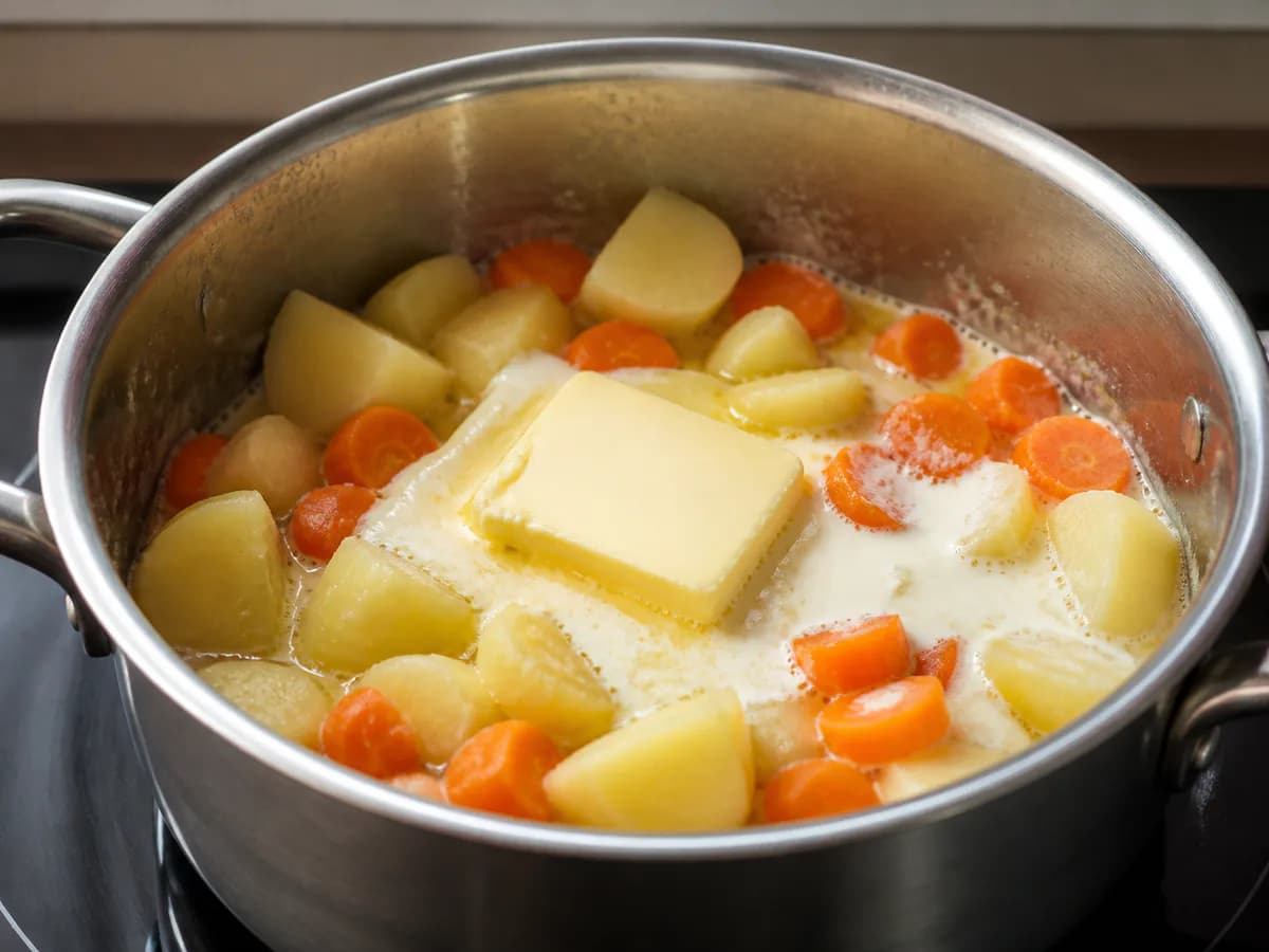 Preparação de Puré de Batatas e Cenoura Cremoso durante a confeção