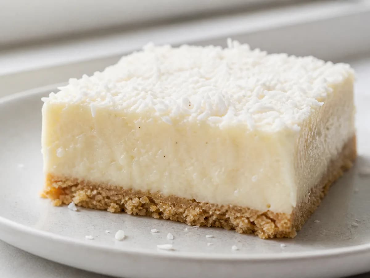 Pormenor de uma porção de Quadrados Cremosos de Coco e Baunilha