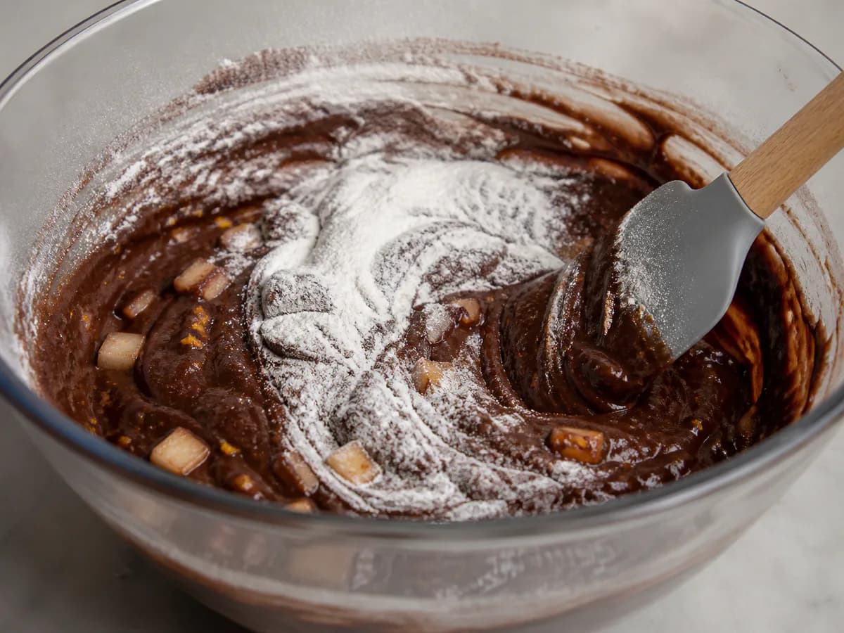 Preparação de Quadrados de Chocolate, Pera e Laranja durante a confeção