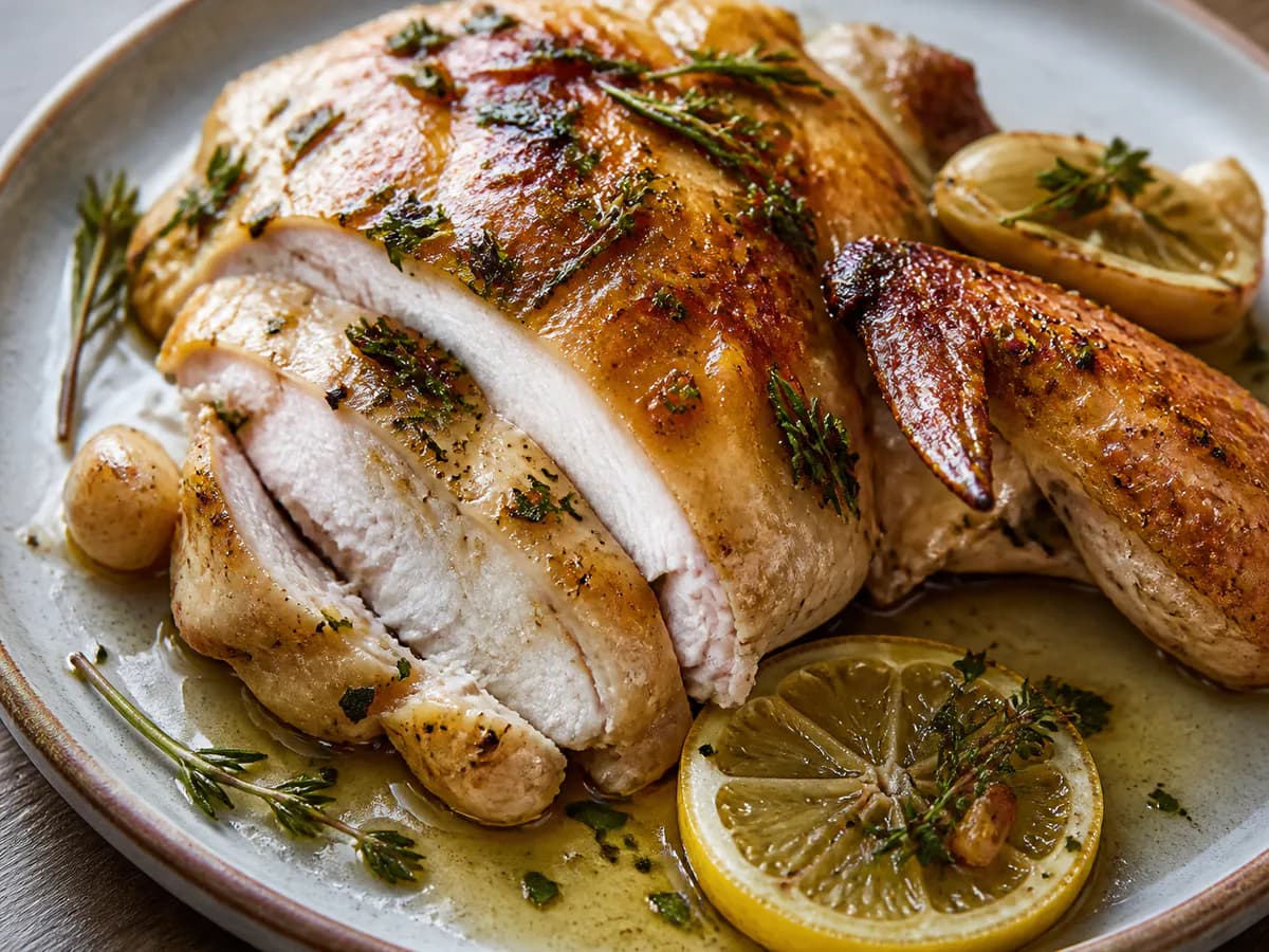 Pormenor de uma porção de Frango Assado com Limão e Ervas – Simplesmente Irresistível
