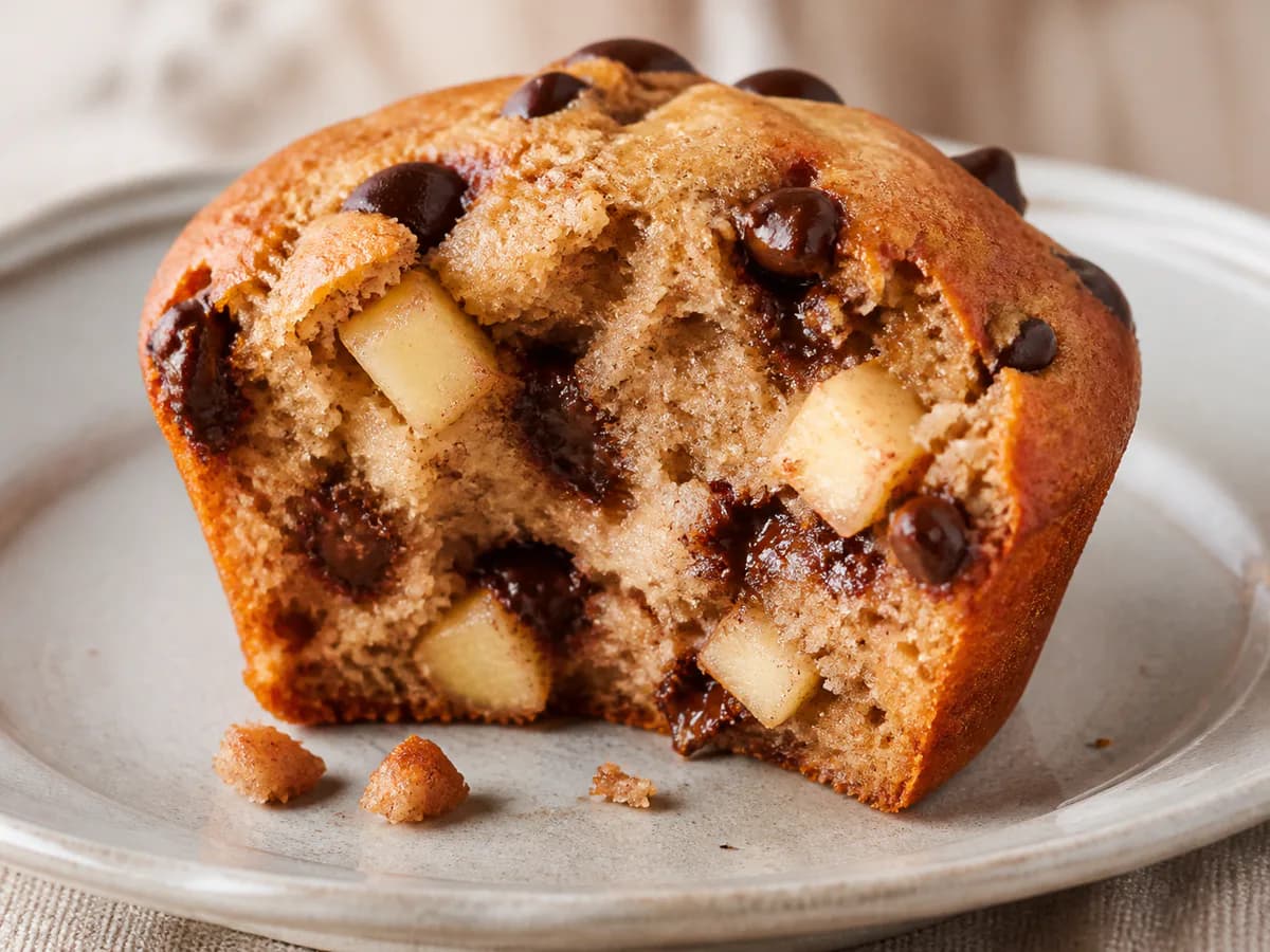 Pormenor de uma porção de Queques de Maçã e Chocolate