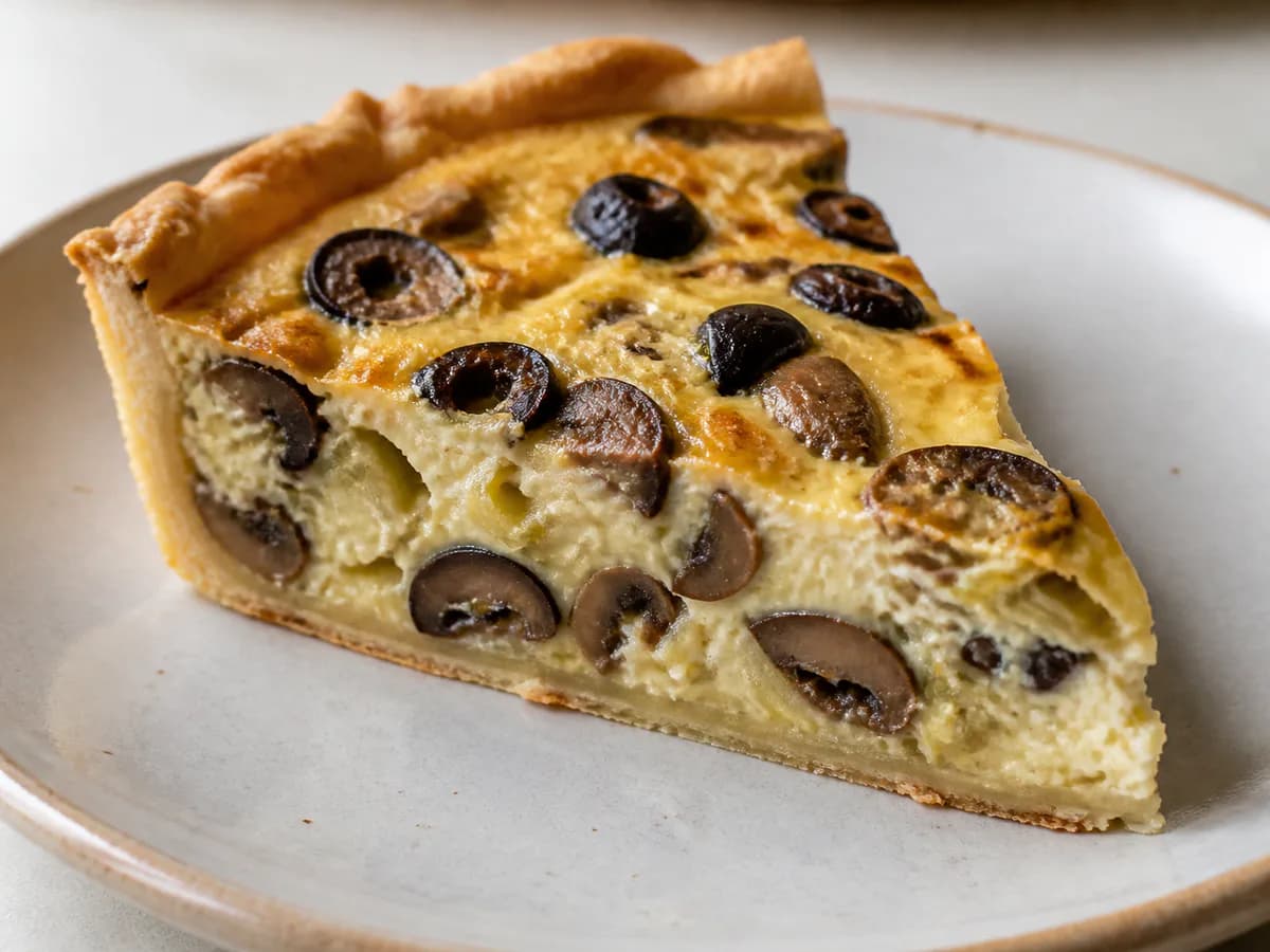 Pormenor de uma porção de Quiche de Alho-Francês com Cogumelos e Azeitonas sem Queijo