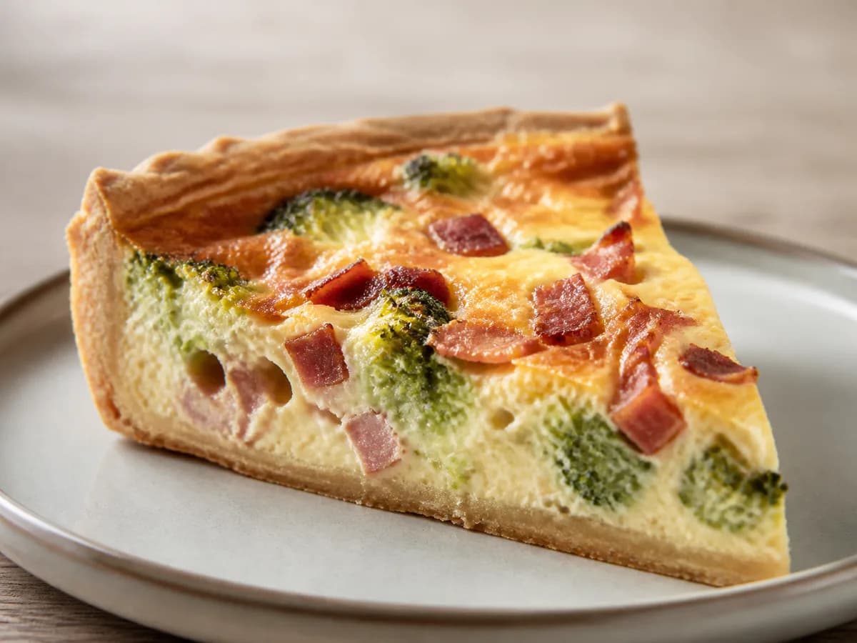 Pormenor de uma porção de Quiche de Bacon e Brócolos
