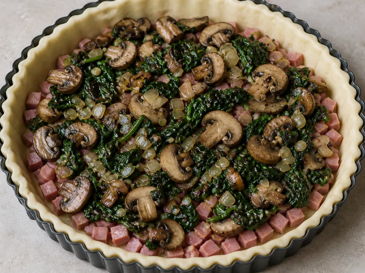 Preparação de Quiche de Fiambre, Cogumelos e Espinafres durante a confeção