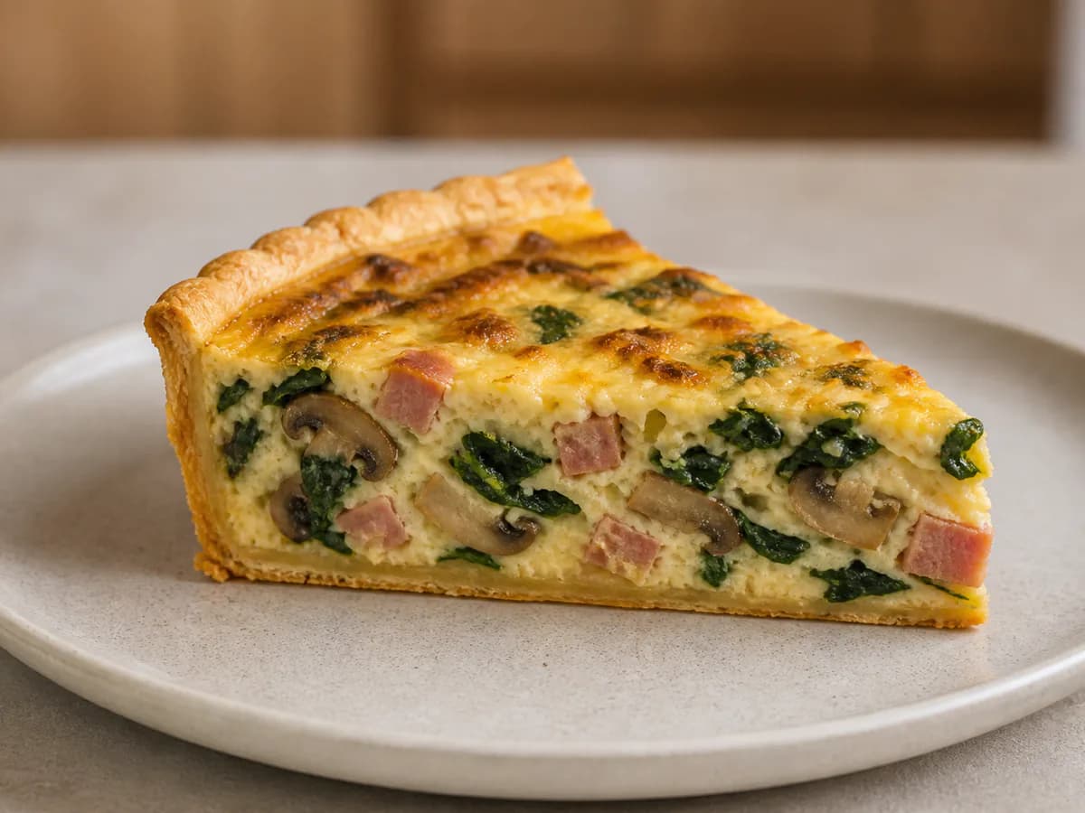 Pormenor de uma porção de Quiche de Fiambre, Cogumelos e Espinafres