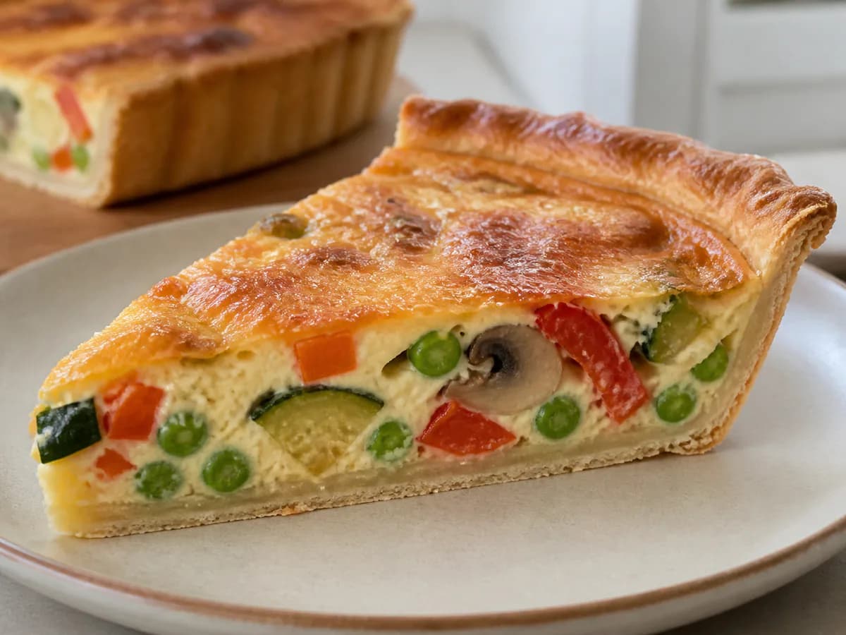 Pormenor de uma porção de Quiche de Legumes com Ovos e Natas