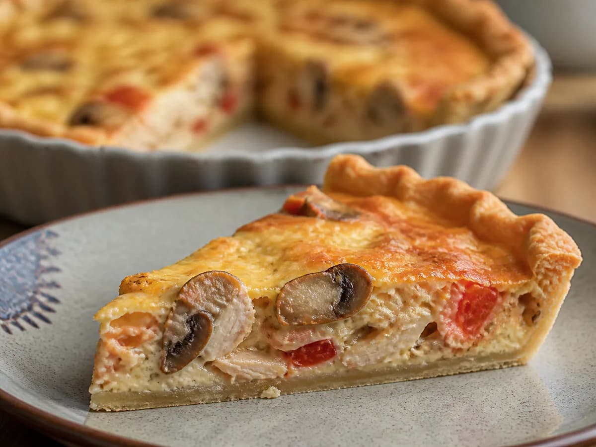 Pormenor de uma porção de Quiche de Frango e Cogumelos com Tomate